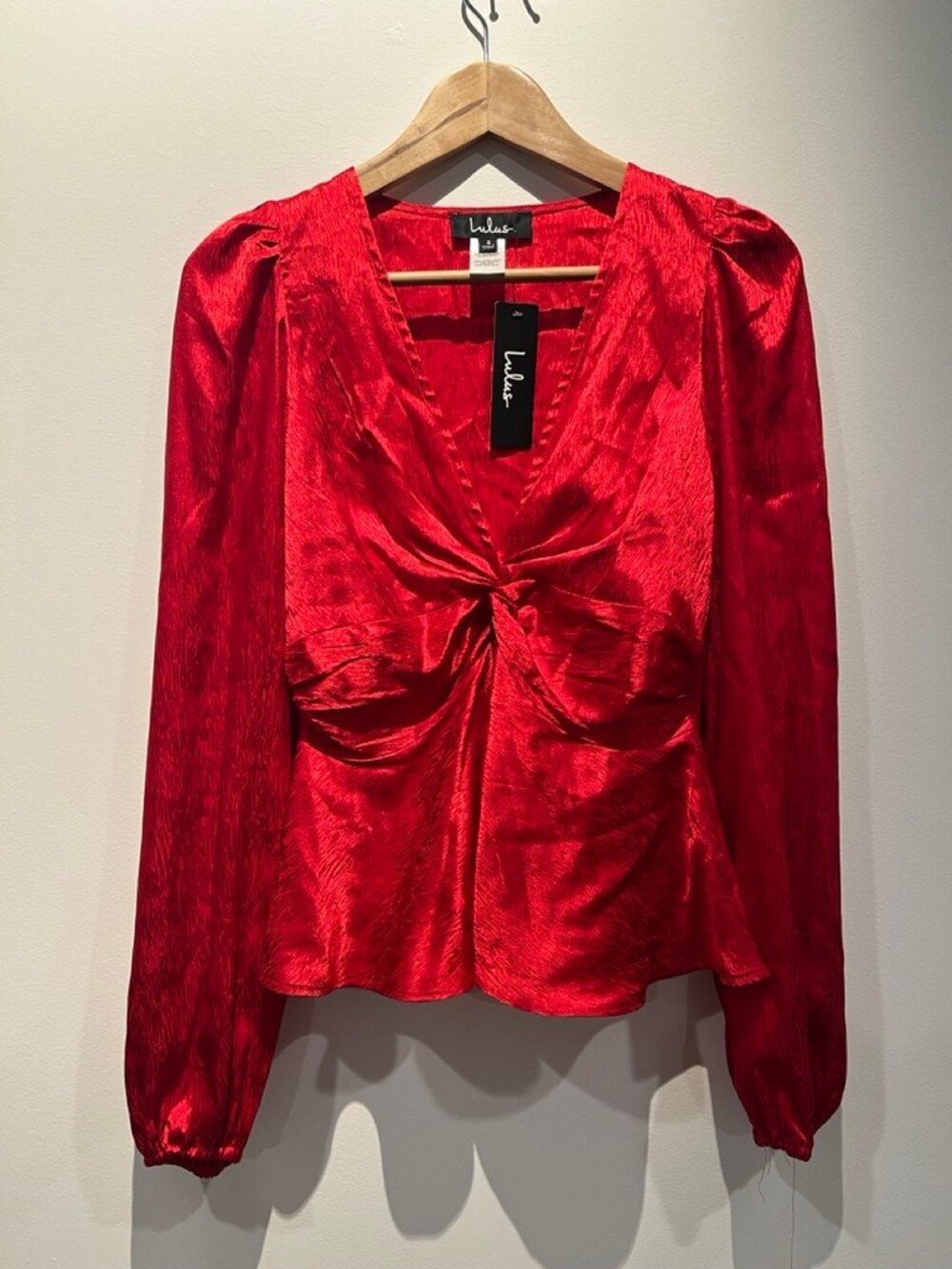 Lulus Red Satin Twist Front Peplum Blouse S NWT
